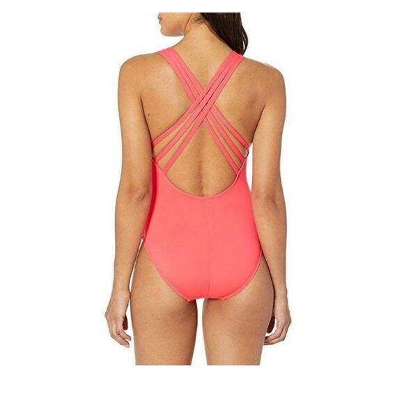 La Blanca Coral Reef Pink Island Goddess Cross-Back One Piece V-Neck Swimsuit 2 - Picture 2 of 10